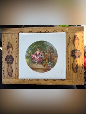 Vintage Fragonard Style Ceramic Tile Wooden Box